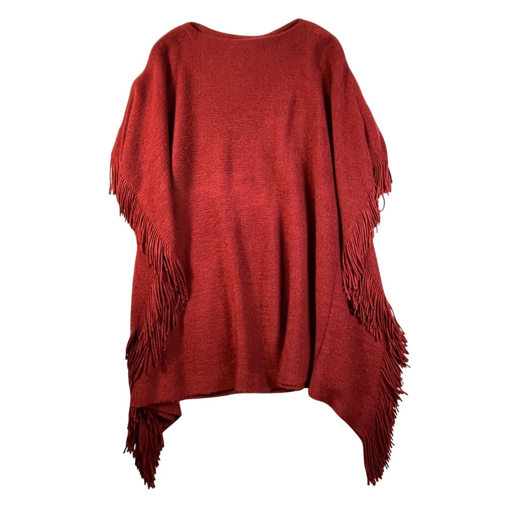 Burgundy Fringe Knit Poncho Cape Sweater‎ | Relaxed Boho Oversized Wrap L XL